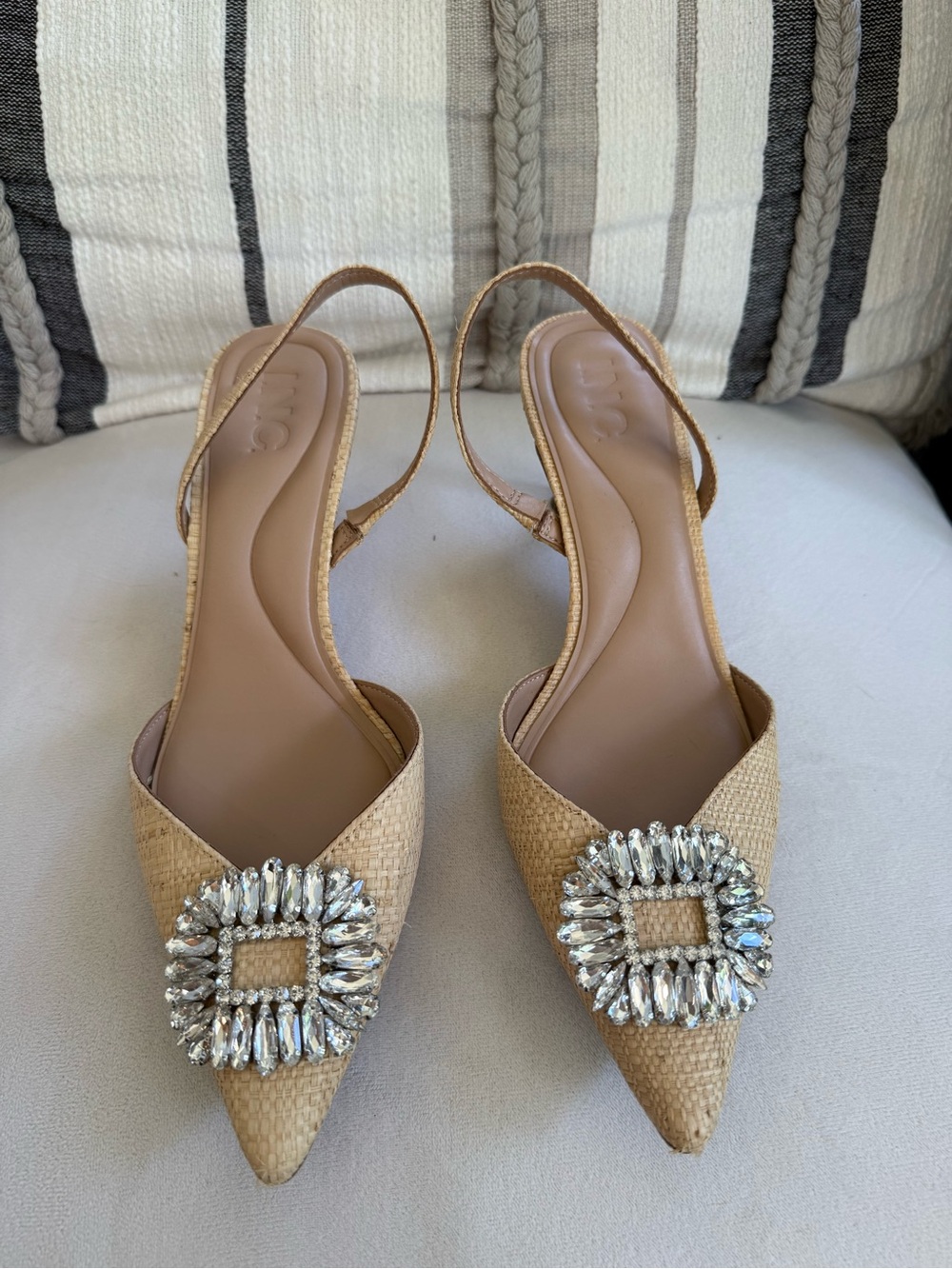 Embellished Straw Slingback Flats - Natural